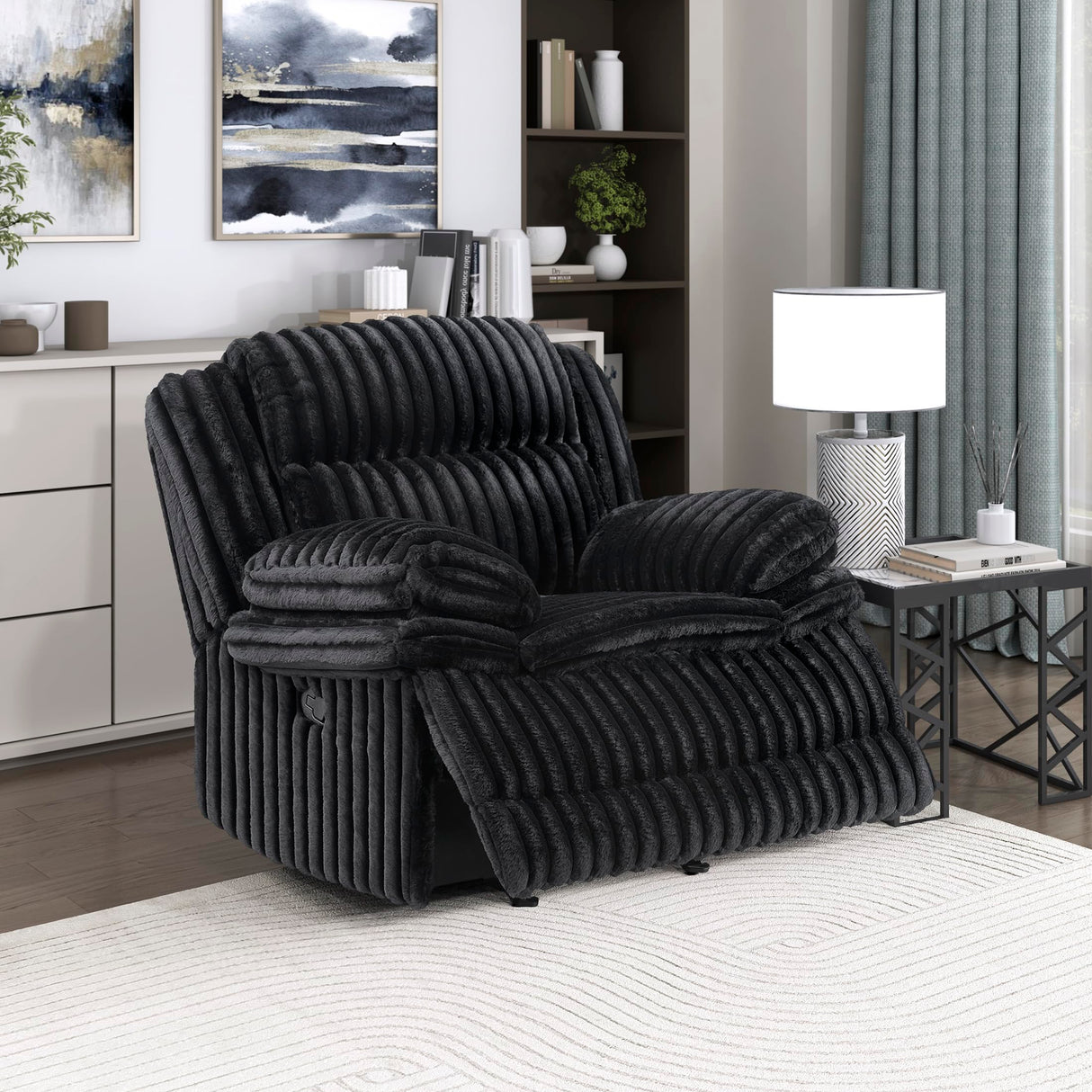 Lexicon Manual Glider Recliner Chair, Corduroy Manual Tab Pull Reclining Chair with Pillow Top Arms, Plush Cushions, Cozy Theater-Style Accent for Living Room/Bedroom, Easy Assembly, Black Lexicon