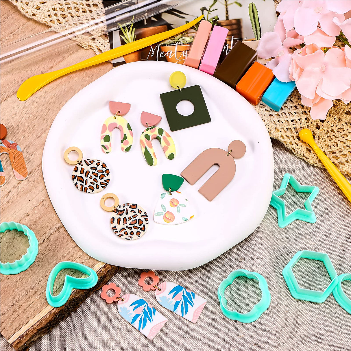 Caydo 177 PCS Polymer Clay Earring Kit with 3-Layer Storage Box, 44 Color Clays, 24 Earring Cutters and Accessories, Instructions Included Caydo