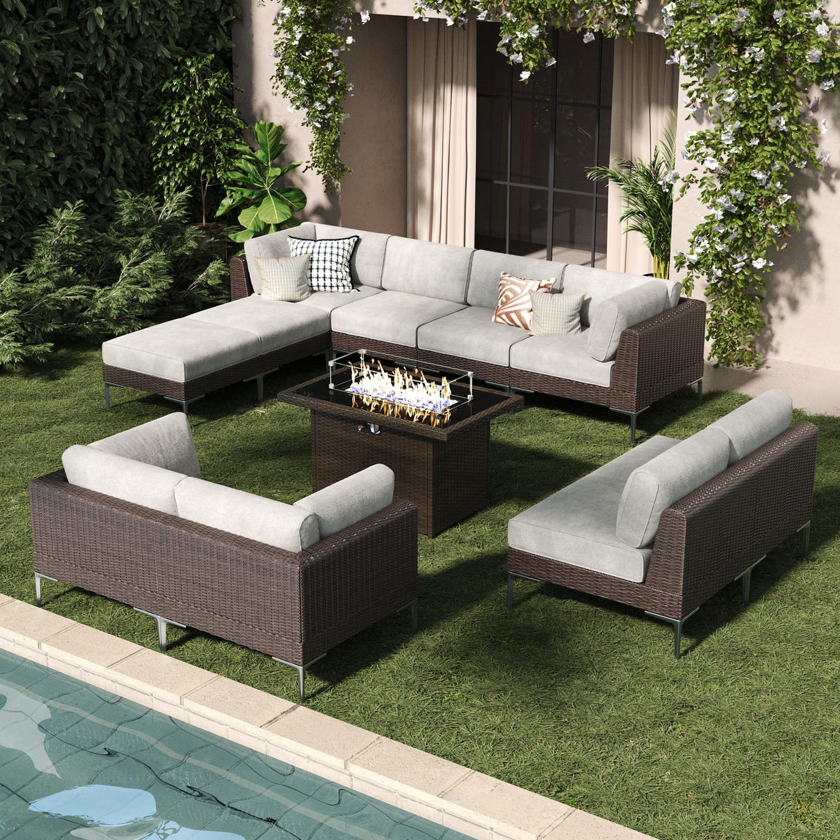 LayinSun 11-Piece Outdoor Modular Wicker Sectional Sofa with Fire Pit Table, Patio Furniture Conversation Set with Deep Seating and Thick Cushions LayinSun