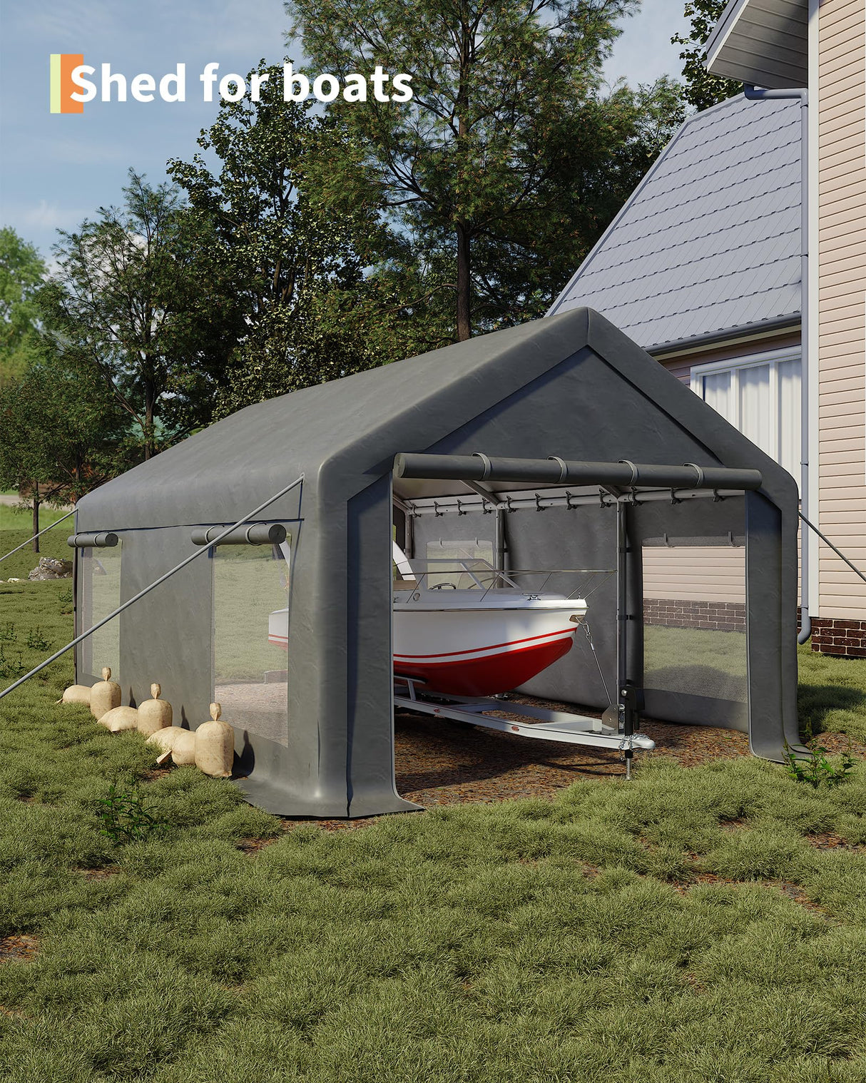 GarveeLife 13x20 Ft Carport with 8 Sandbags, Car Port with 220g PE Tarp, 2 Roll-Up Doors, and 4 Windows, for Full-Size Pickups, Bass Boats, Tractors, and SUVs, Gray GarveeLife