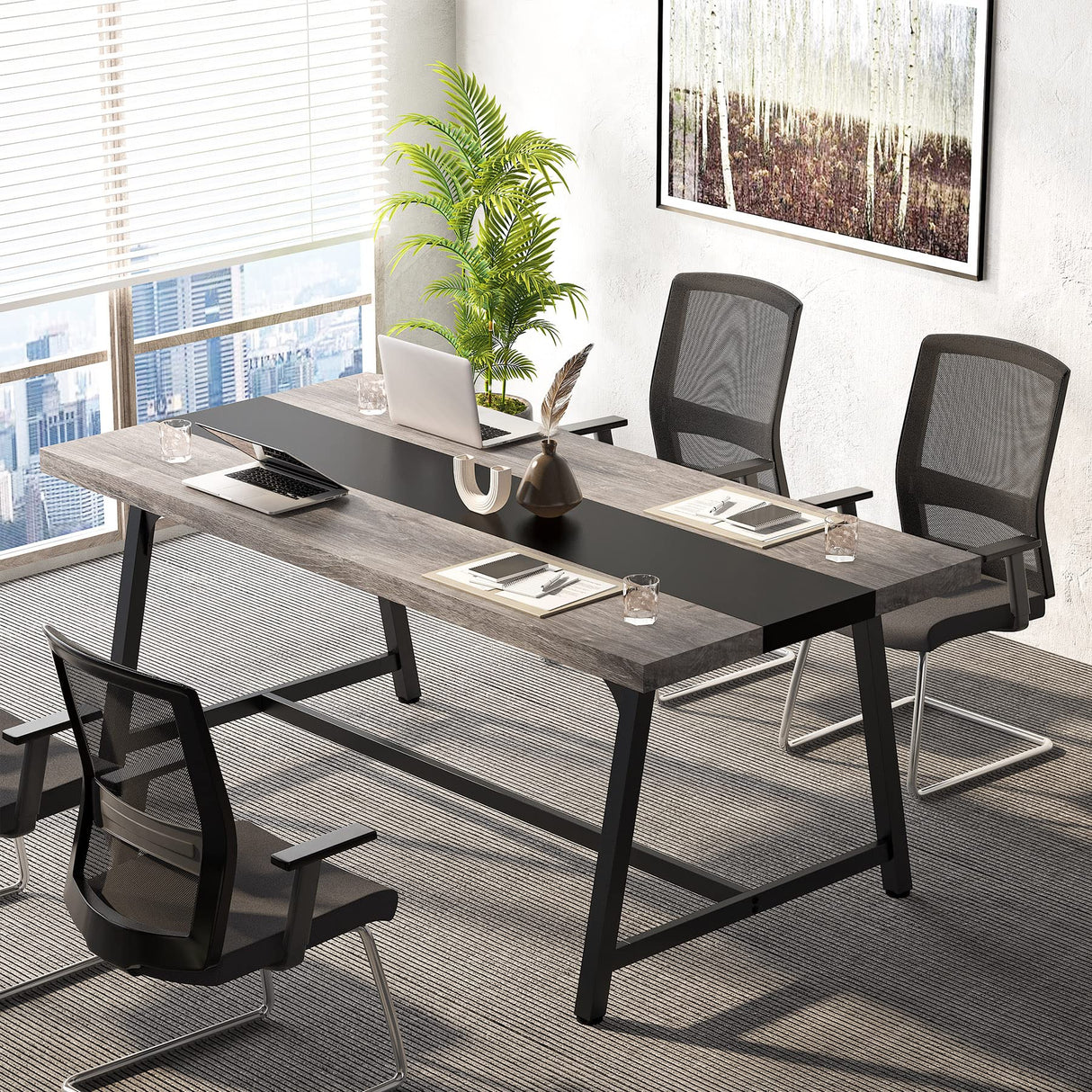 Tribesigns 6FT Rectangle Conference Table, 70.87L x 33.46W x 29.92H Inches Meeting Table for Conference Room, Vintage Wood Office Executive Desk with Strong Metal Frame for 6 People (Grey) Tribesigns