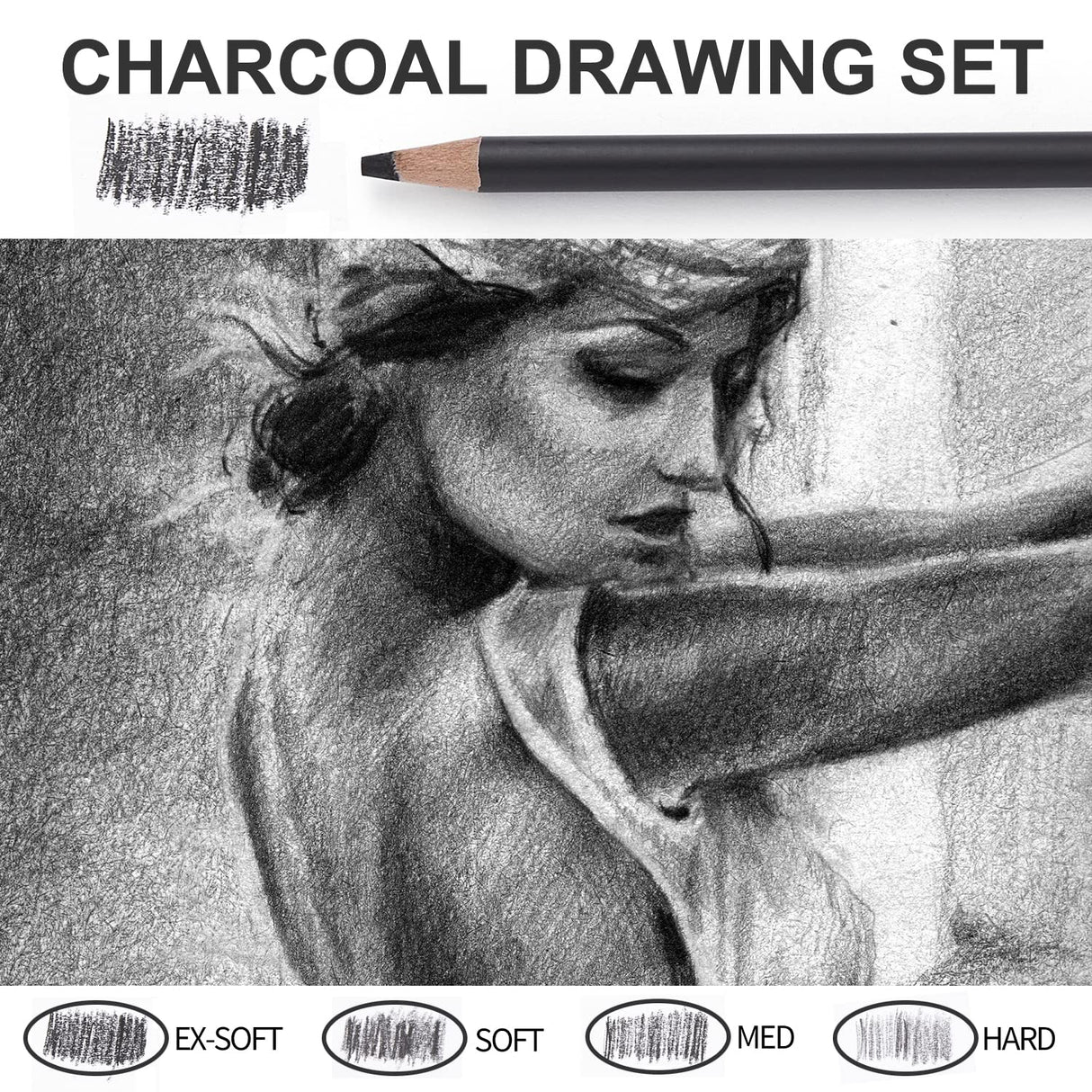 Qionew Professional Charcoal Pencils Drawing Set - 10 Pieces Super Soft, Soft, Medium & Hard Charcoal Pencils for Drawing, Sketching, Shading, Beginners & Artists Qionew