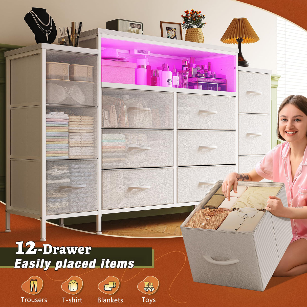 EnHomee 55" W Dresser for Bedroom with LED Lights & Charging Station 12 Drawer Dressers & Chests of Drawers Dresser TV Stand for Bedroom for Hanging 65" TV, Metal Frame & Fabric Drawers, White EnHomee