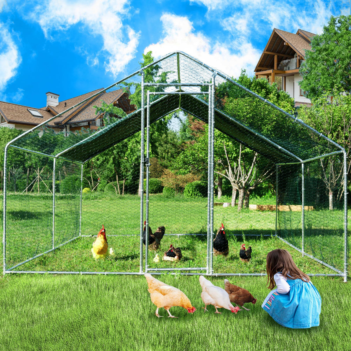 Large Chicken Coop Metal Chicken Runs for Yard with Cover Outdoor Pet Pens Poultry Cage Duck Rabbit House Backyard Use (13'Lx10'Wx6.6'H) HEASON