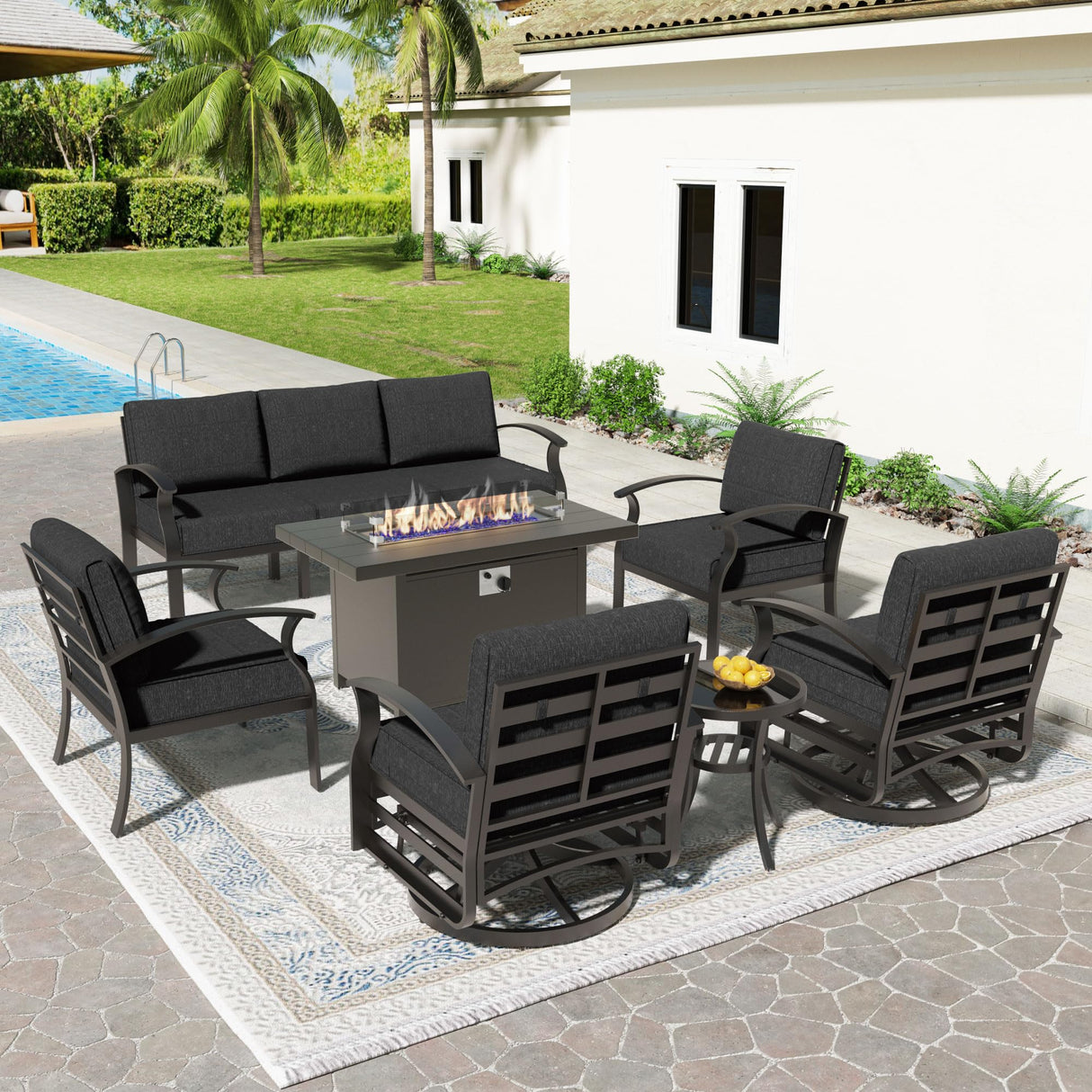 Trumbeak Aluminum Patio Furniture Set with 55,000 BTU Propane Fire Pit Table,7 Seats Metal Modern Outdoor Furniture w/5.1" Cushions,Patio Sectional w/Swivel Chairs for Patio,Backyard,Black Trumbeak