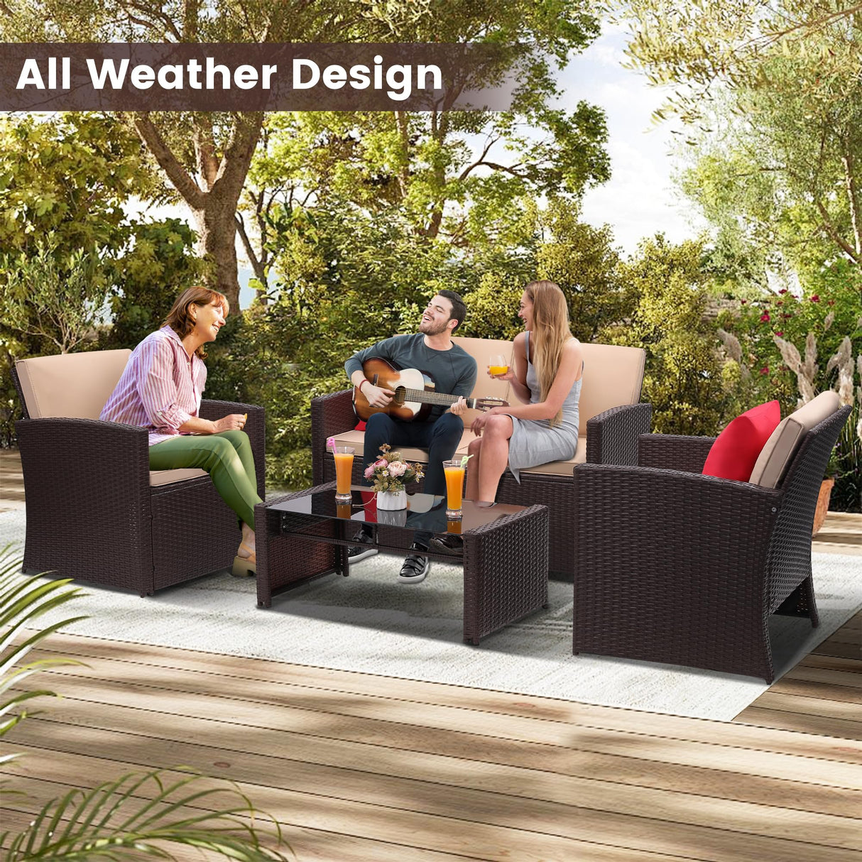 KROFEM 4 Pieces Patio Conversation Set, Outside Rattan Sectional Sofa, Cushioned Furniture Set, Wicker Sofa Ideal for Garden, Porch, Backyard, Brown Color Rattan and Beige Cushion KROFEM