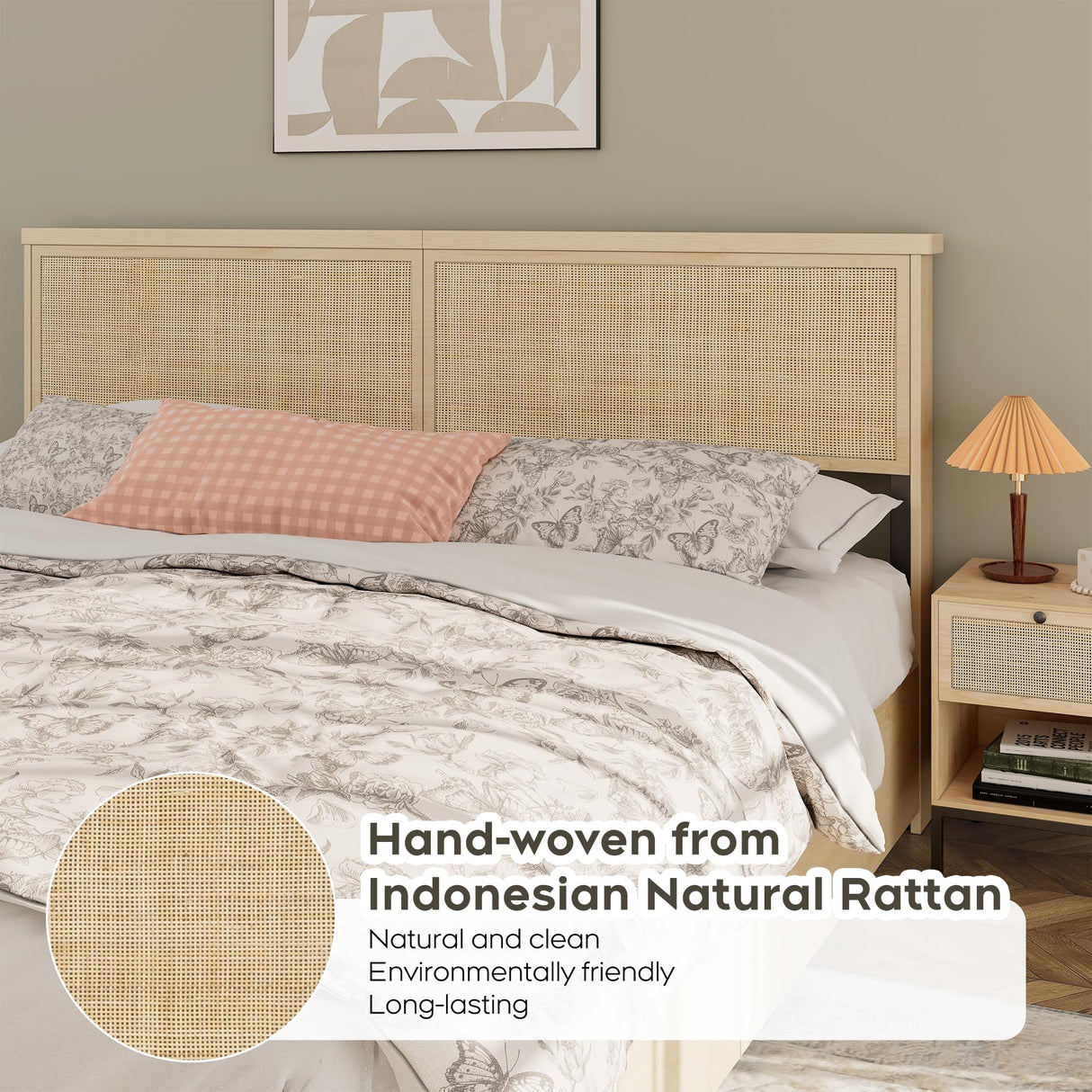 Yechen King Bed Frame with Natural Rattan Headboard and Wooden 4 Storage Drawers, Light Oak Metal Platform Bedframe with Strong Wooden Slats Support, Boho Cane Wood Bed, No Box Spring Needed Yechen