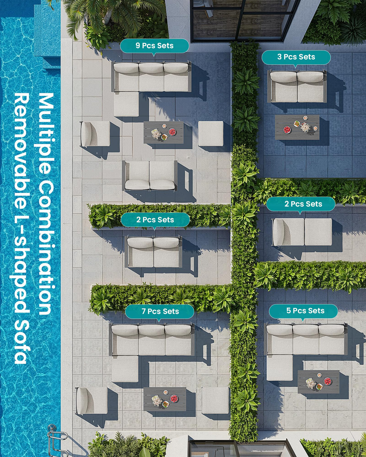 SERWALL 2 Pieces Patio Sofas, HDPE Outdoor Conversation Set with Cushions and Ottoman, Modular Sectional Patio Furniture for Backyard, Deck, Garden, Poolside, Grey Frame with Khaki Cushion SERWALL