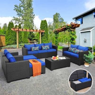 Patio Wicker Furniture Set 7 Pieces Outdoor Black Rattan Conversation Seat Couch Sofa Chair Set with Royal Blue Cushion and Furniture Covers