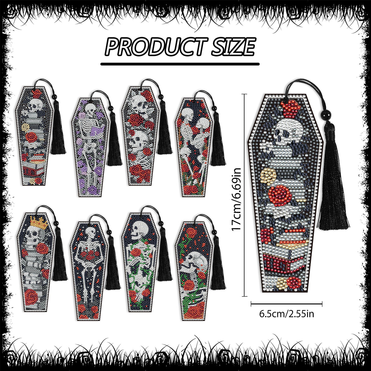 8 Pcs Gothic Skeleton Diamond Art Bookmarks Kit, Skull Halloween Diamond Painting Bookmarks with Tassels for Adults, DIY Horror Book Mark Craft Set for Women Men Reading Lovers CRASHOT
