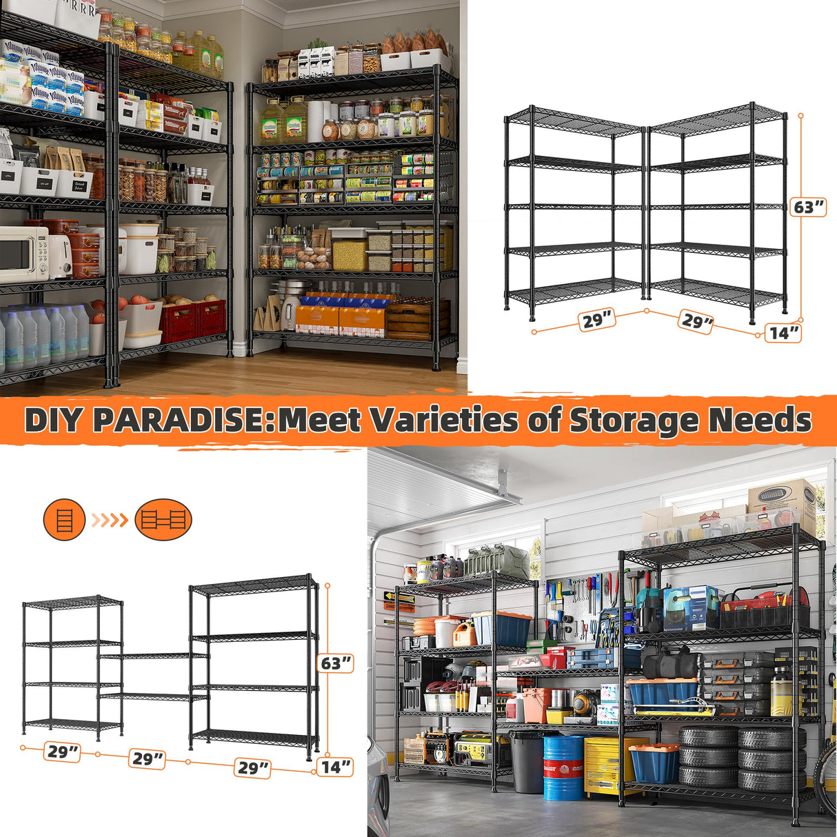 REIBII 5-Tier Wire Shelving Rack Storage Shelves Metal Shelves,1020 LBS Adjustable Heavy Duty Metal Shelving Units and Storage for Garage Pantry Bathroom 29" W X 14" D X 63" H REIBII