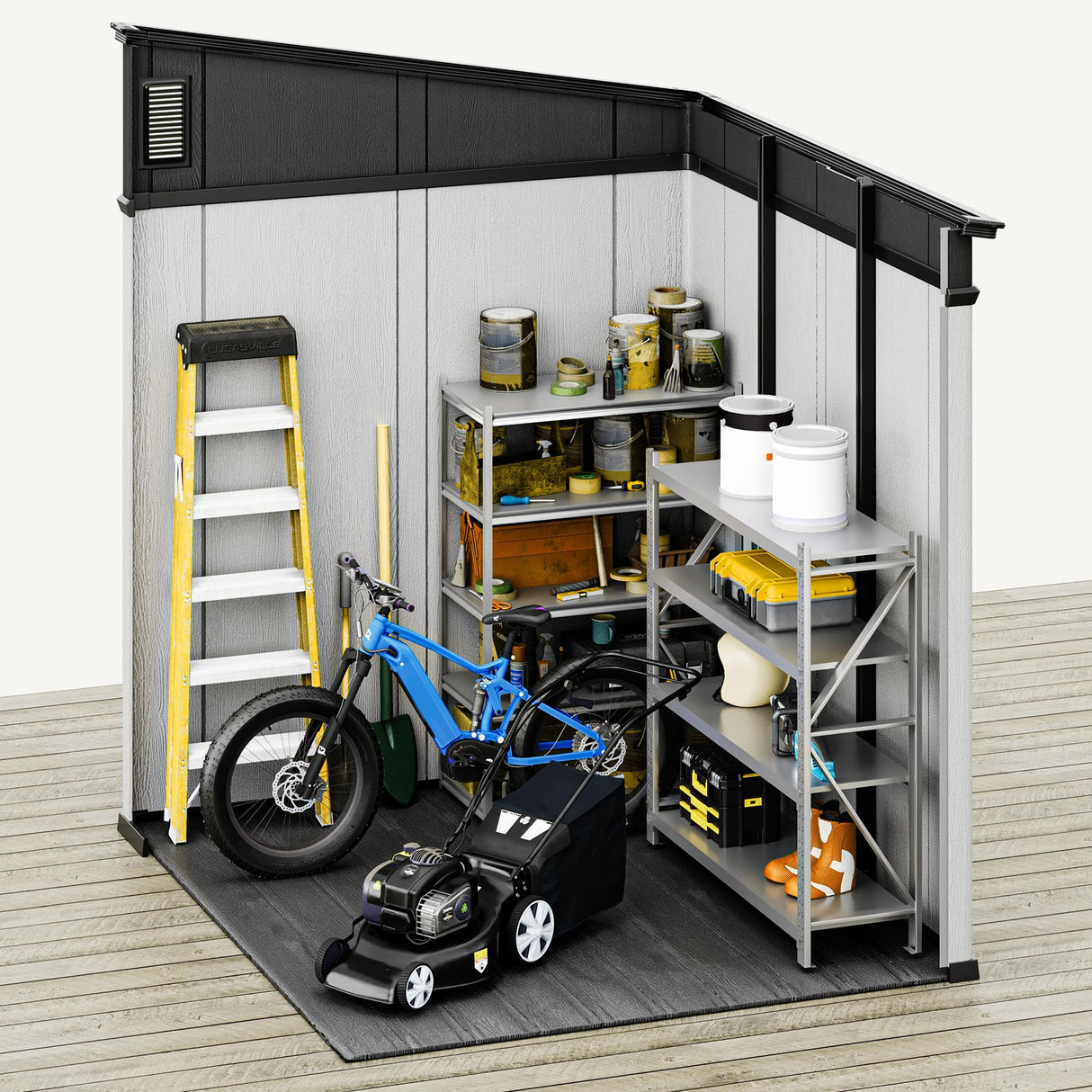 DWVO 6x6 FT Outdoor Storage Shed, All-Weather Resin Garden Tool Shed with Floor & Lockable Door, Plastic Outside Tool Garden Shed with Windows & Vents for Backyard Garden Patio Lawn, Black&Gray DWVO