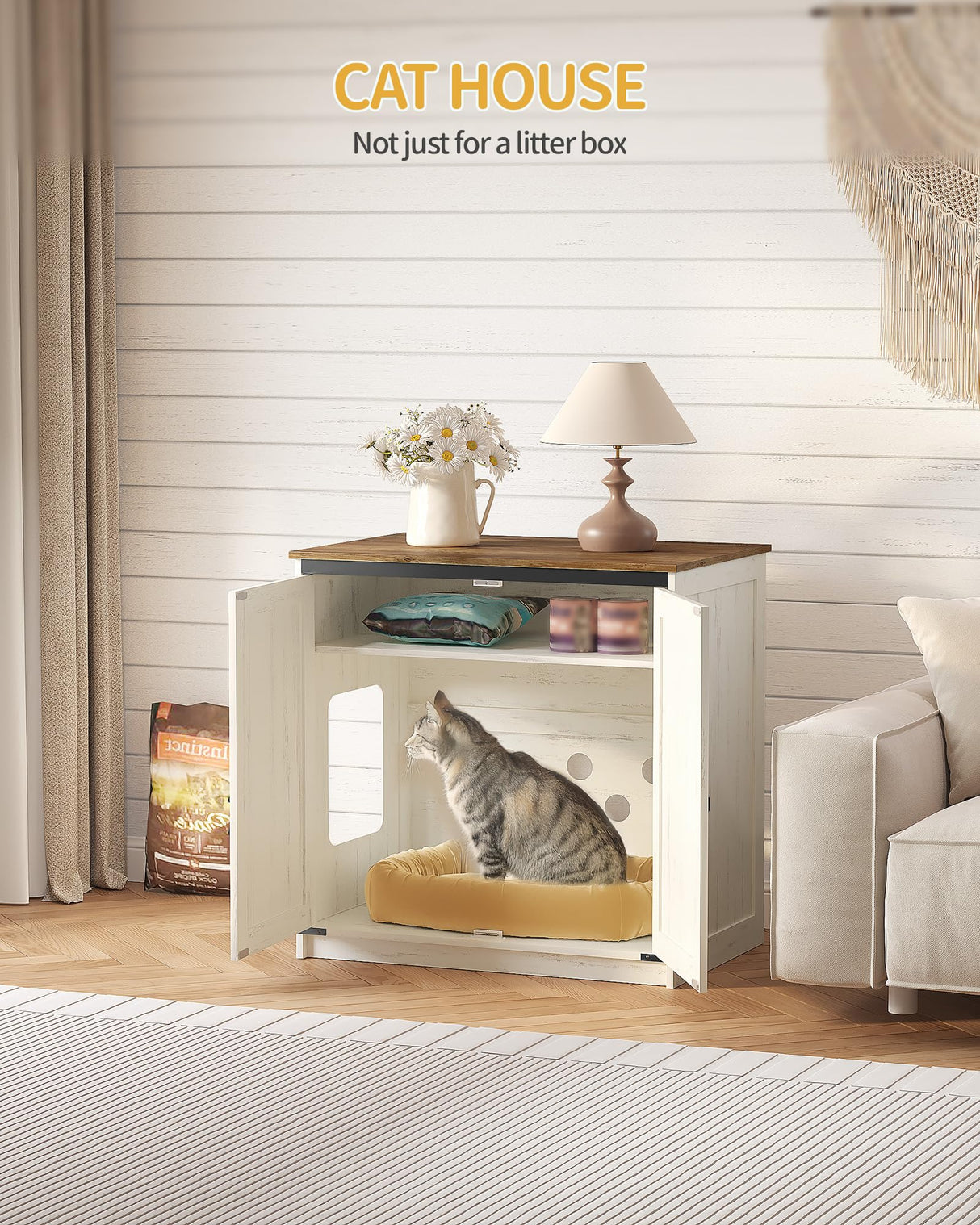 Hzuaneri Cat Litter Box Enclosure Enclosed, Hidden Litter Box Furniture Cabinet Large, Wooden Indoor Cat House with Adjustable Shelf for Top Entry Litter Box, Farmhouse Rustic Brown and White CB85414X Hzuaneri