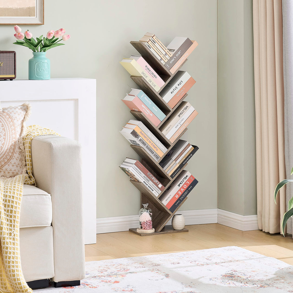 Hoctieon 10 Tier Tree Bookshelf, 10 Shelf Bookcase, Free Standing Tree Bookcase, Display Floor Standing Shelf for Books, Book Organizer Shelves for Home Office, Living Room, Bedroom, Greige Hoctieon