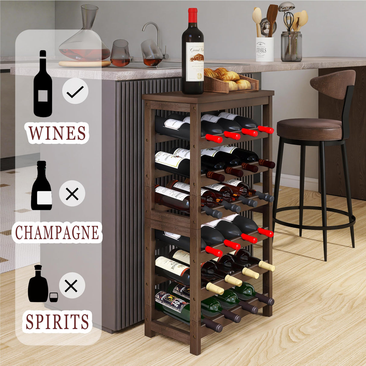 STELLSTAR 24-Bottle Wine Rack, 6 Tier Bamboo Wine Display Storage Shelves with Tabletop, Floor Freestanding Wine Bottle Holder with Wobble-Free Shelves, Walnut STELLSTAR