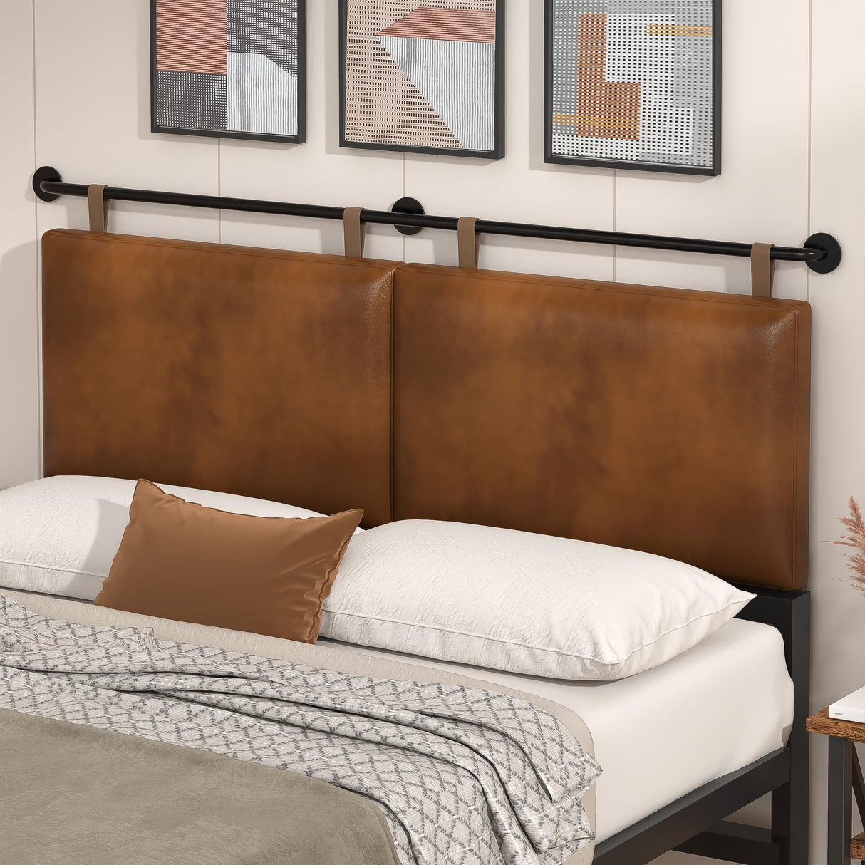 BSHOMGI Queen Headboard, Hanging Headboards with Brown Faux Leather Industrial Pipe Modern Style Multifunction Queen Headboard Only for Bed Backboard (Brown, Queen) BSHOMGI