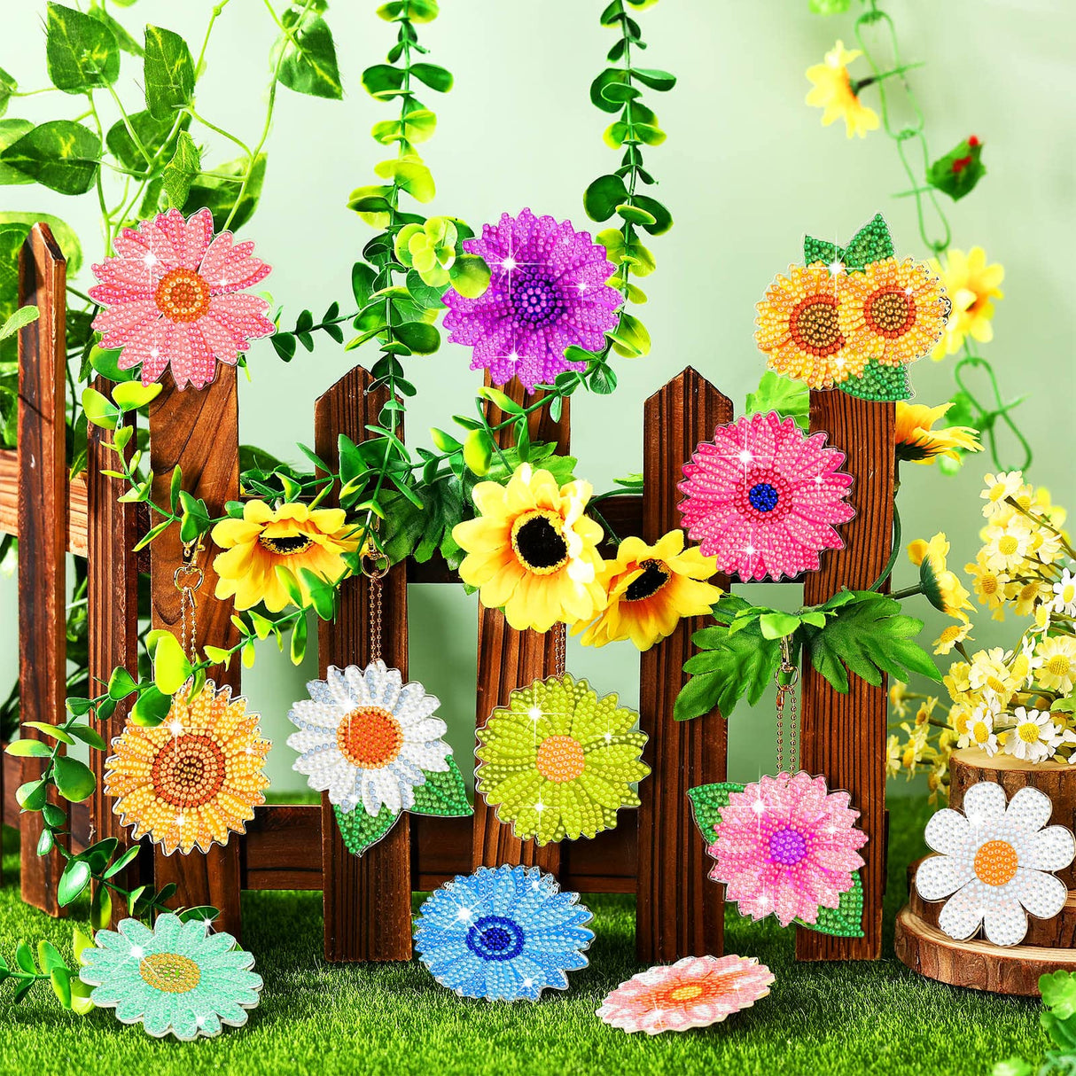 Bucherry 12 Pcs Flowers Diamond Painting Keychains 5d Spring Diamond Art Key Rings Sunflower Hanging Ornaments for DIY Craft(Rustic Style) Bucherry