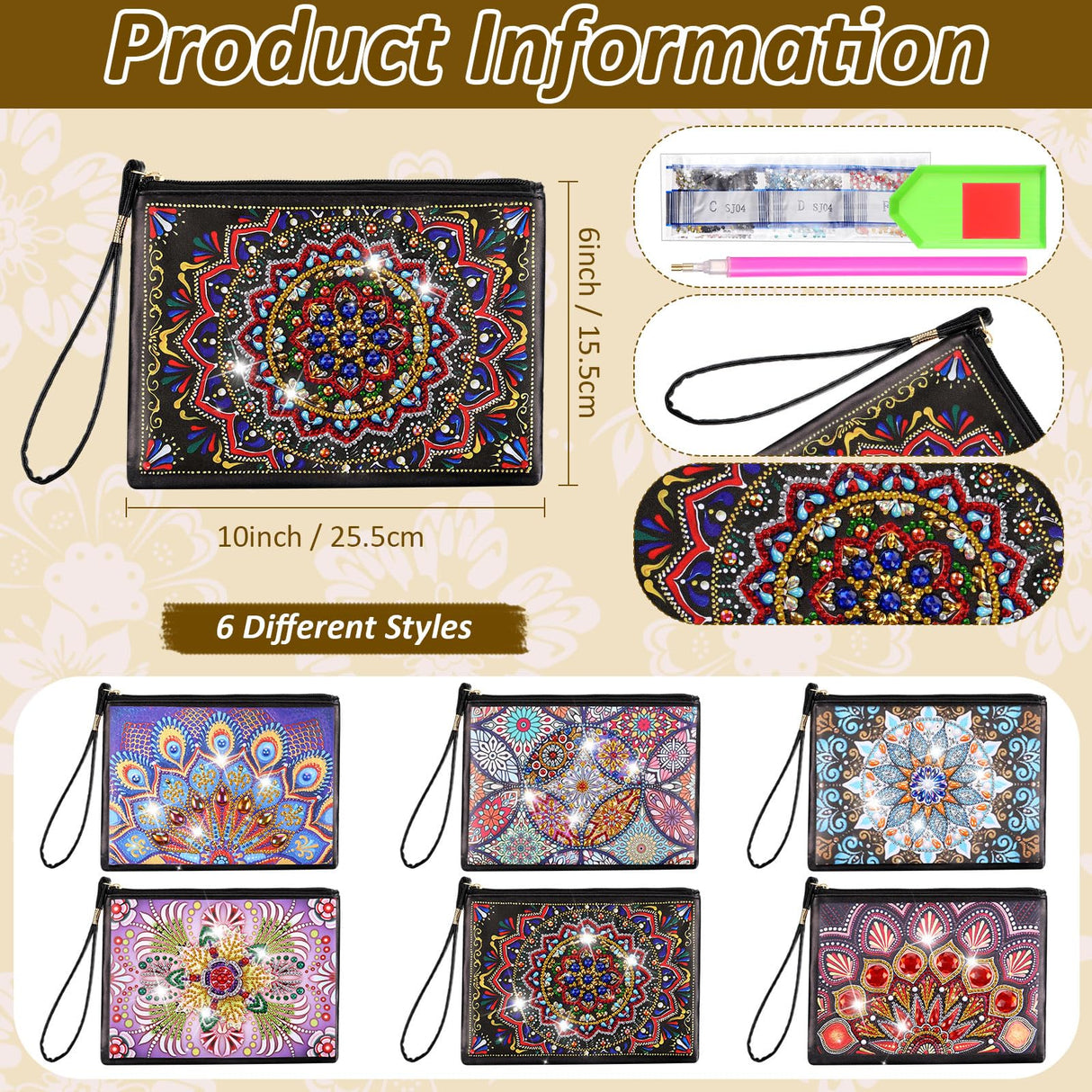 Silkfly 6 Pcs Diamond Painting Purses Clutch DIY Diamond Handbag PU Leather Painting Bags 5d Handmade Wristlet Wallet with Strap and Zipper for Women Gift(Mandala Style) Silkfly