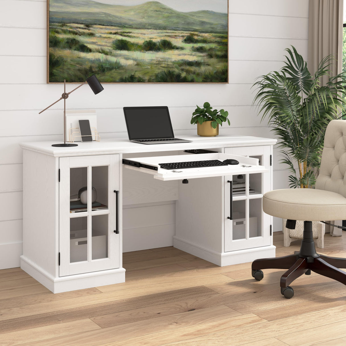 Bush Furniture Westbrook 60W Computer Desk with Storage and Keyboard Tray in White Ash | Farmhouse Desk for Home Office Workspace Bush Business Furniture
