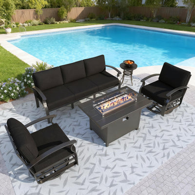 Gotland Outdoor Aluminum Patio Furniture Set with Fire Pit Table, 5 Pieces Metal Patio Furniture with 2 Swivel Rocking Chairs Waterproof 5.1'' Seat Cushions, for Garden Balcony Porch