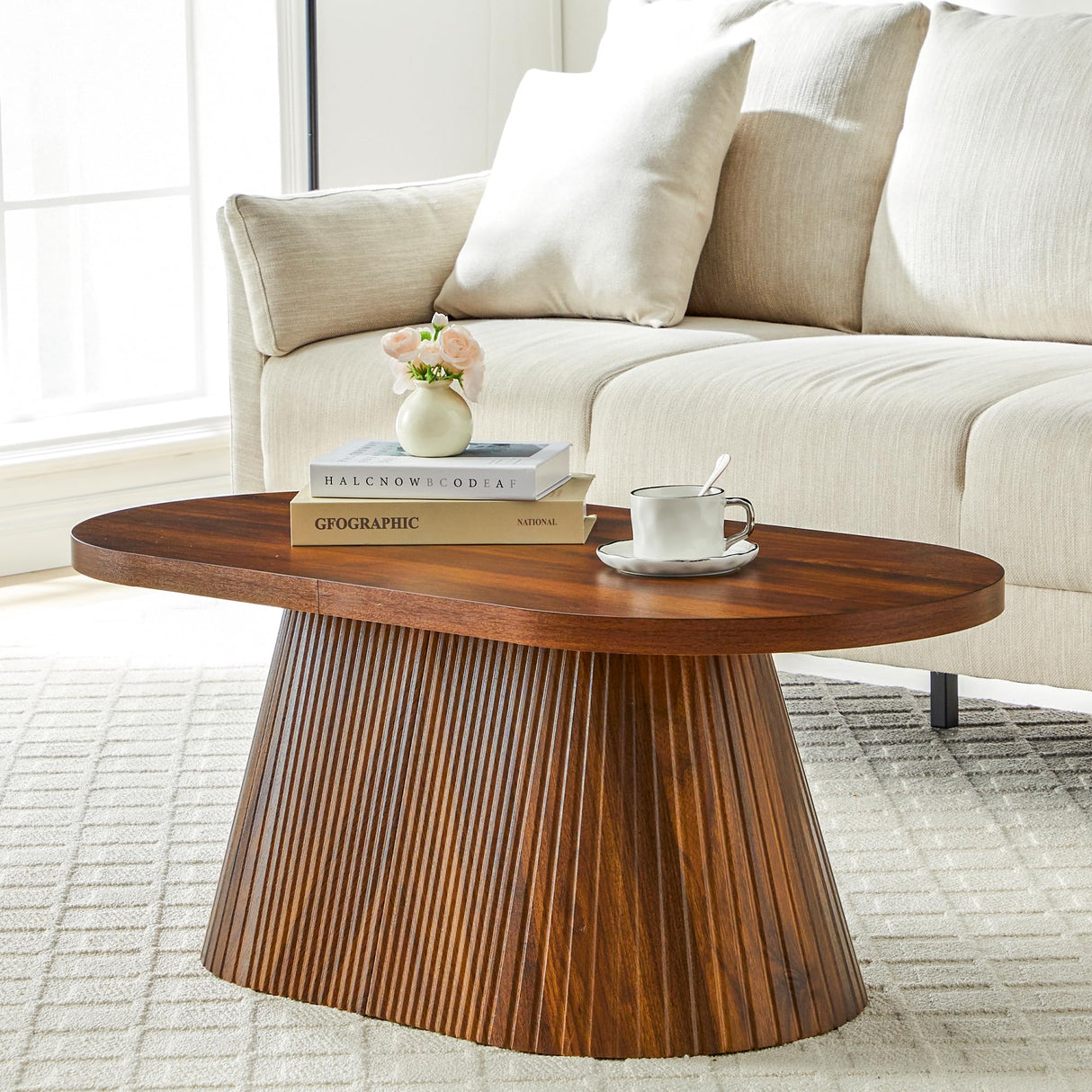 Fluted Coffee Table with Sturdy Tapered Base, Wood Oval Small Coffee Table, Mid Century Modern Center Table for Living Room Office (Walnut 1) FurSch