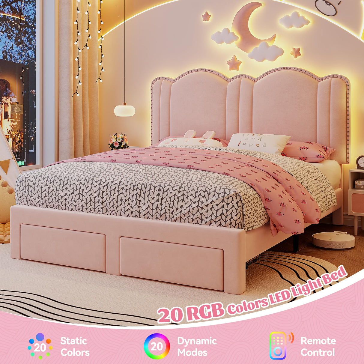 EnHomee Queen LED Bed Frame with 2 Storage Drawers,Upholstered Bed Frame Queen Size with Adjustable Cloud Headboard, Solid Wooden Slats, No Box Spring Required, Easy Assembly, Pink EnHomee