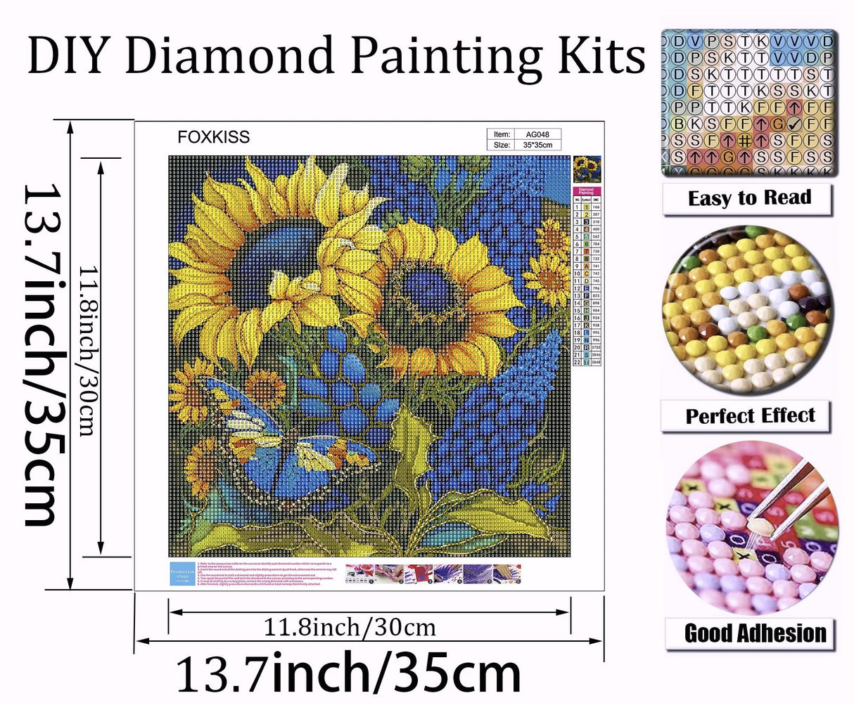 Sunflower Diamond Art Painting Kits for Adults, Stained Glass Full Drill Diamond Dots Paintings for Beginners, Round 5D Paint with Diamonds Pictures Gem Art Painting Kits DIY Crafts Kits 14x14inch FOXKISS