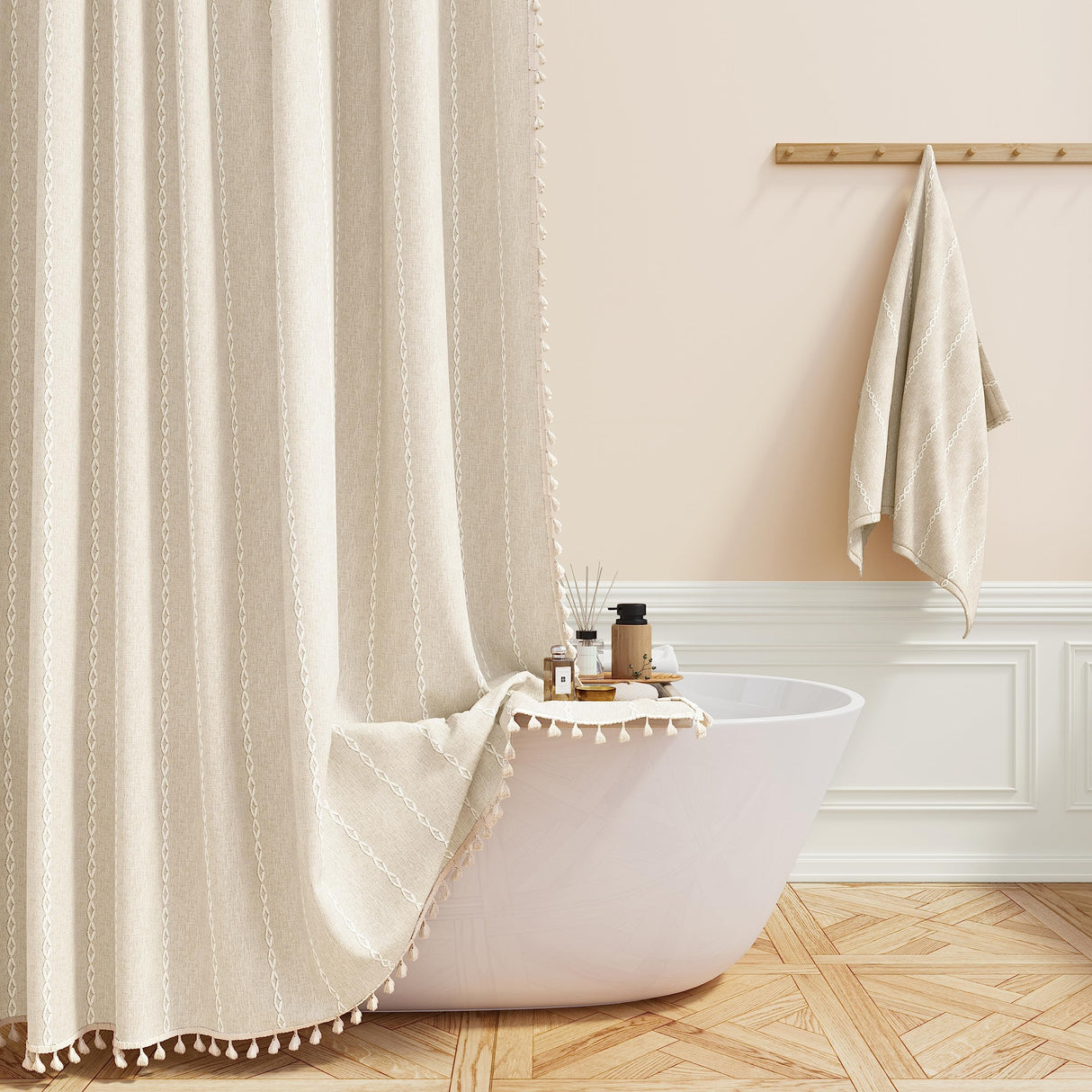 BTTN Boho Farmhouse Shower Curtain, Linen Rustic Weighted Striped Cloth Shower Curtain Set with Tassel, Water Repellent, Bohemian Vintage Country Fabric Shower Curtain for Bathroom, Cream/Beige, 72x72 BTTN