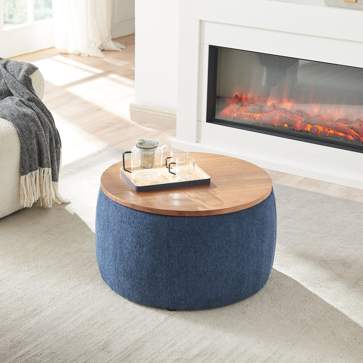 YICORPS Modern Round Storage Ottoman with Wooden Top,Handmade Luxury Pleated Circle Fabric Storage Ottoman Coffee Table,End Table & Footstool for Living Room(Navy Blue) YICORPS