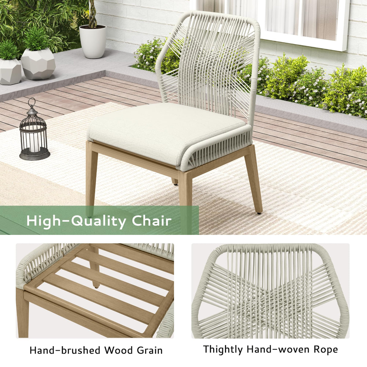 LUXIJOY Patio Dining Set 9-Piece Outdoor, Wood-Grain Aluminum Table with Umbrella Hole, Outdoor Table and Chairs Set with Removable Cuhsion, Woven Rope Back Chairs for Lawn, Garden, Backyard LUXIJOY