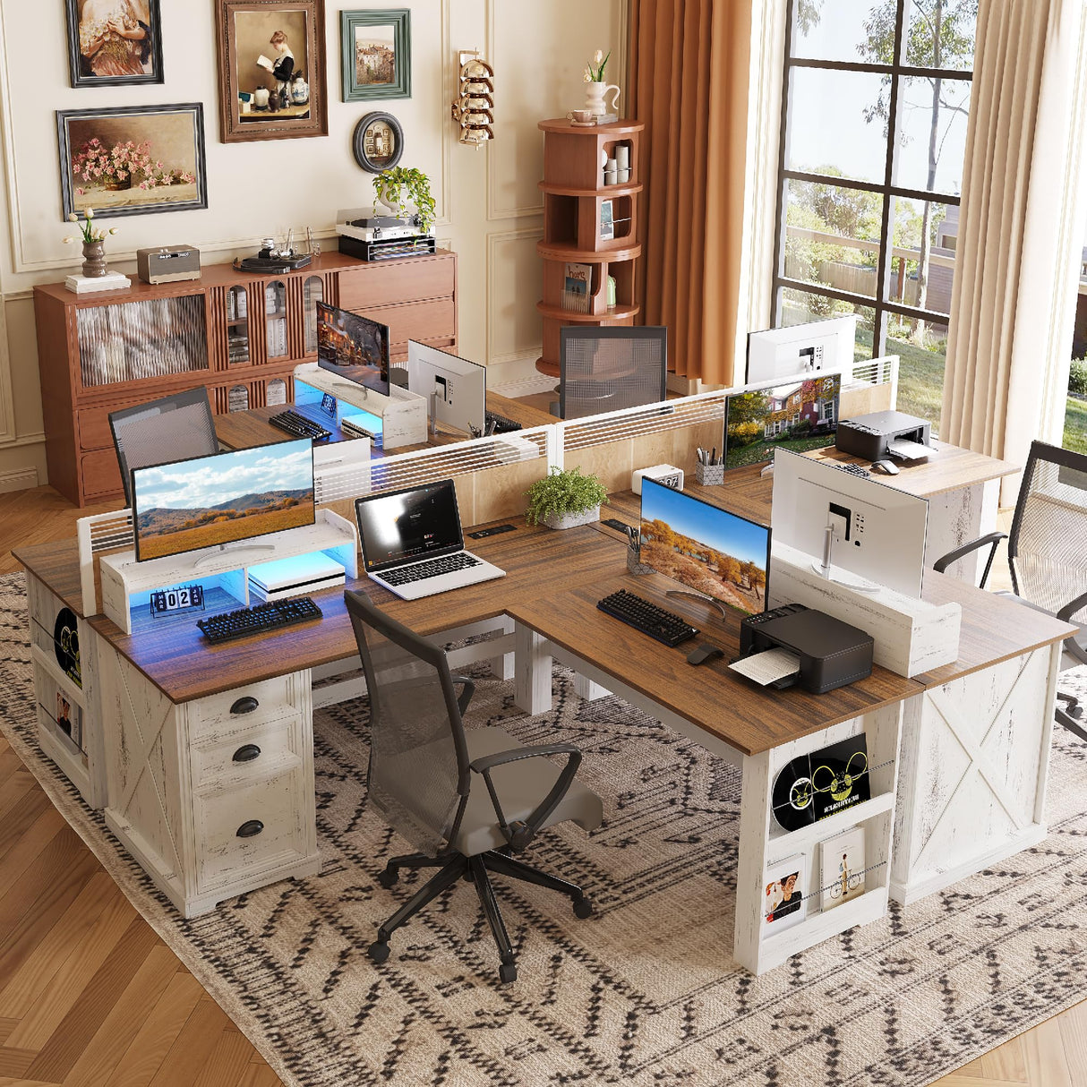 Lareth L Shaped Desk with Monitor Stand Farmhouse Computer Desk with Led Light and Power Outlet, Executive Desk for Home Office Room Workstation with File Cabinet for Working Gaming, Antique White Lareth