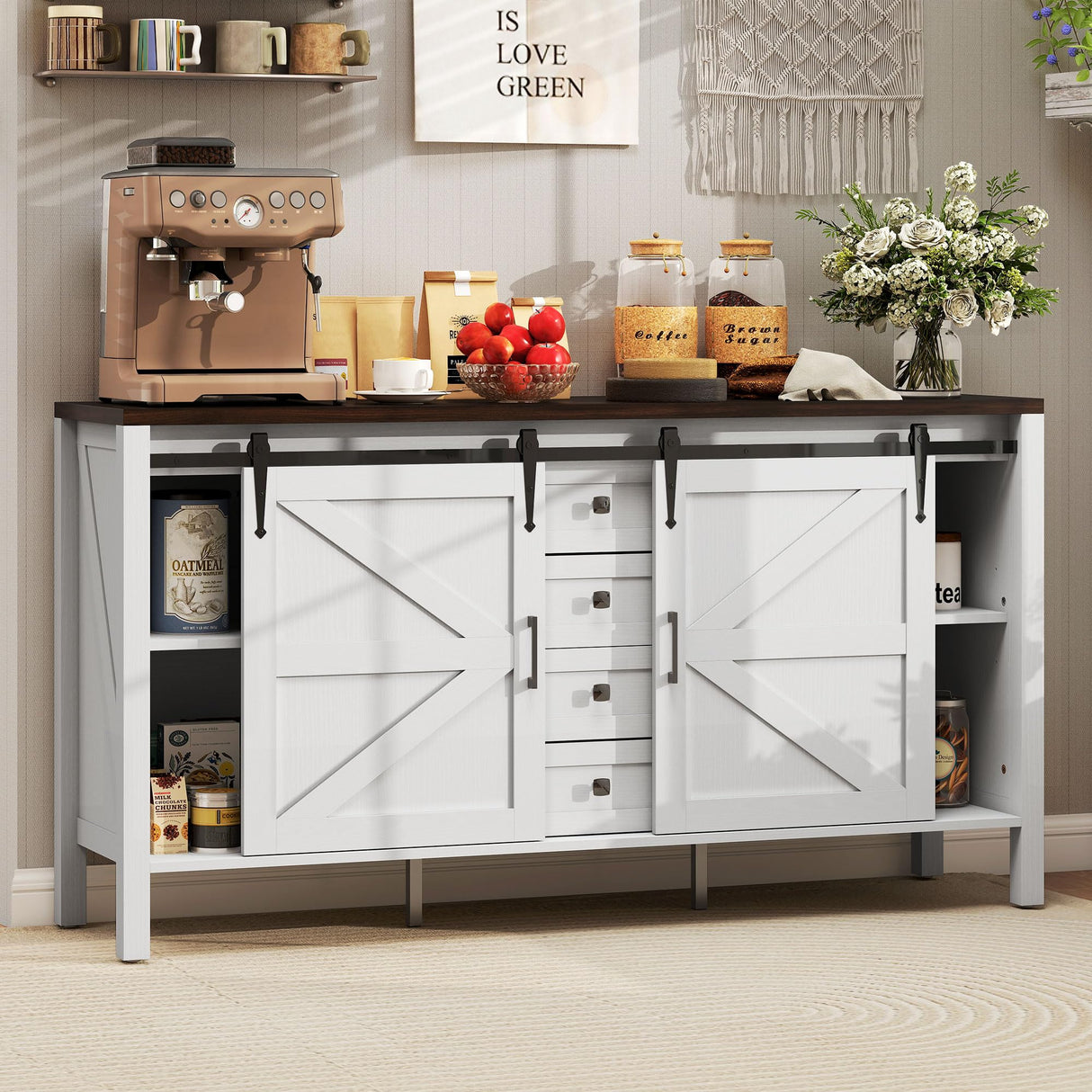 HOMCOM 59 Inch Farmhouse Sideboard Buffet Cabinet with Thick Top, Coffee Bar Cabinet with 2 Sliding Barn Doors, 4 Drawers and 2 Adjustable Shelves for Kitchen, Distressed White HOMCOM