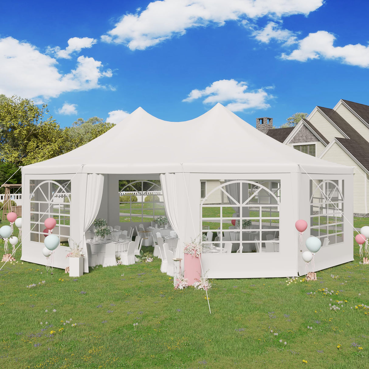 EROMMY 26x19ft Party Tent, White Wedding Tent, Decagonal Heavy Duty Canopy with 8 Removable Sidewalls, 8 Church Windows and 2 Pull-Back Doors, Outdoor Gazebo Pavilion Shelter Tent for Party, Event EROMMY