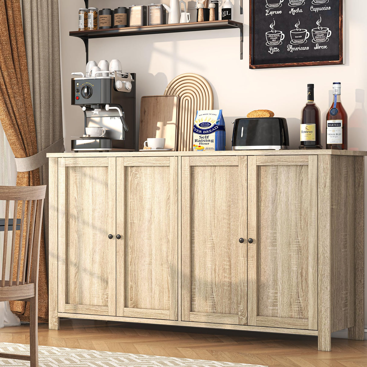 knoworld Buffet Cabinet with Storage Farmhouse Buffet Sideboard with 4 Doors, 55'' Large Kitchen Storage Cabinet Wood Coffee Bar Buffet Table for Kitchen, Dining Room, Entryway knoworld