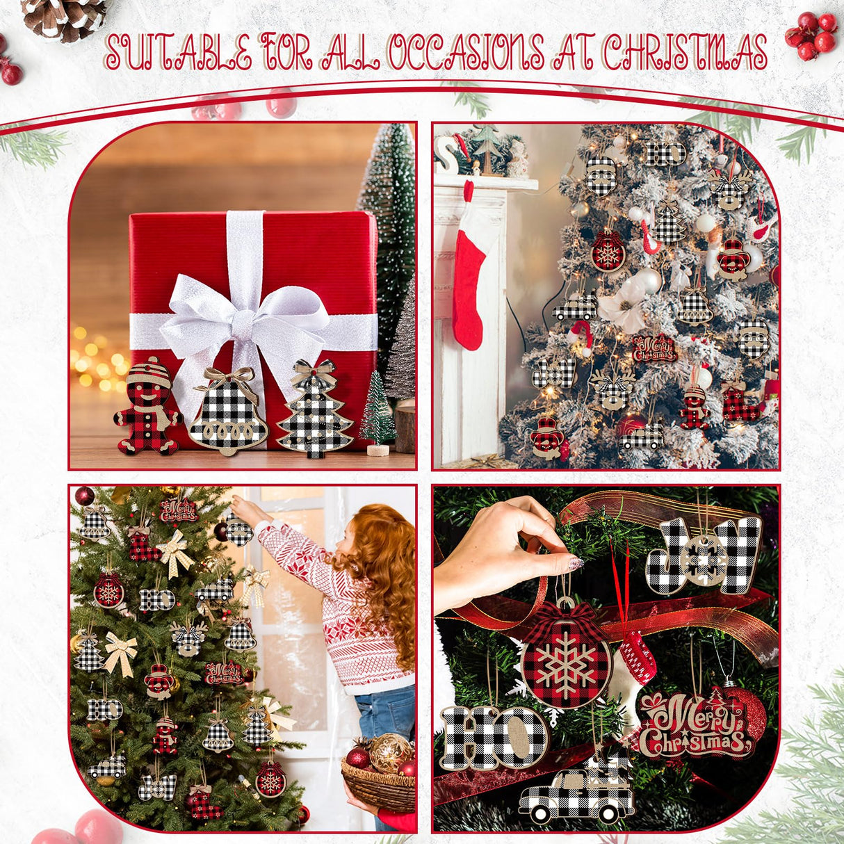 36 Pieces Christmas Buffalo Plaid Hanging Ornaments Christmas Tree Wooden Hanging Decor Wooden Christmas Ornaments Snowflake Reindeer Snowman Plaid Christmas Decor, 12 Styles (Black Red, Black White) BBTO
