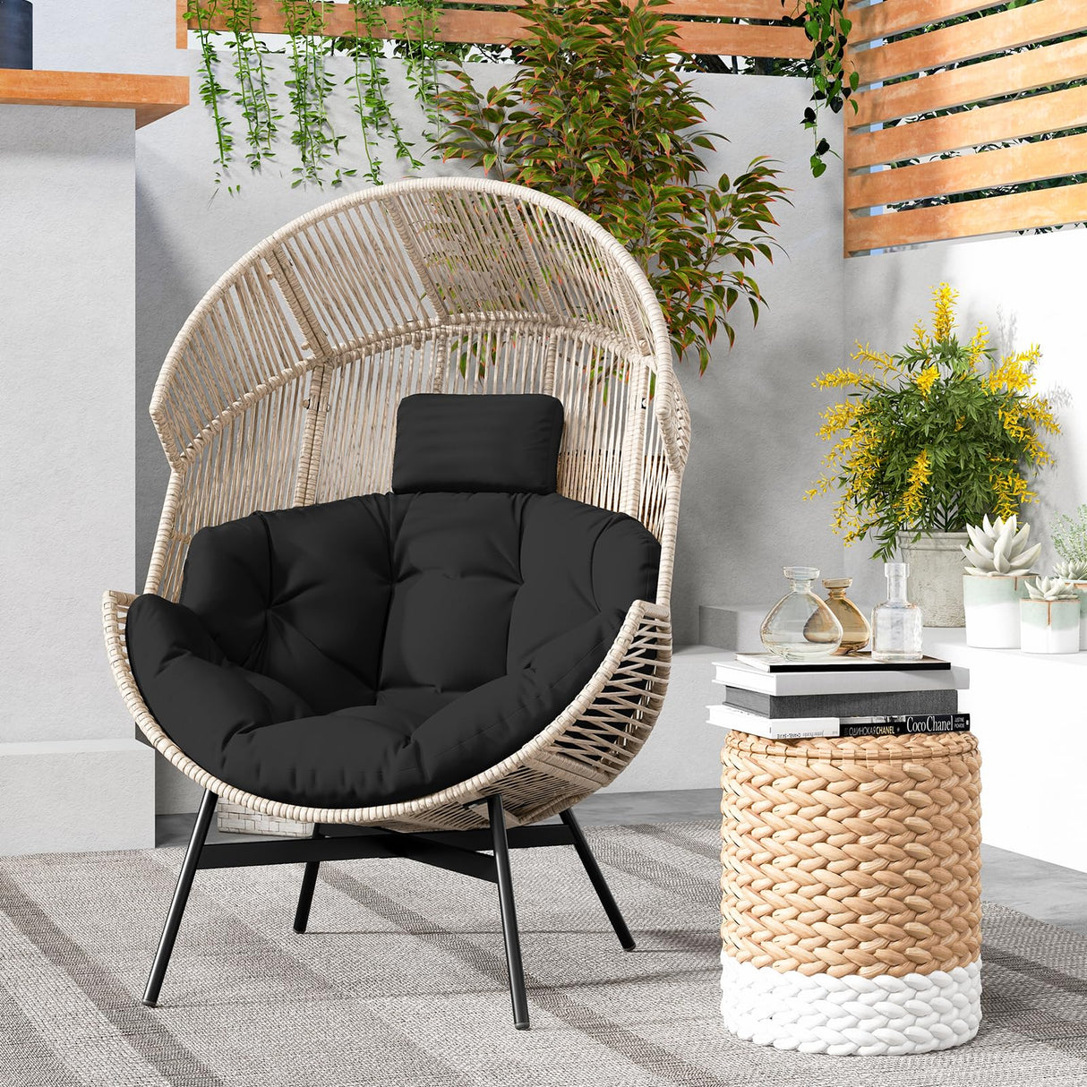 Tangkula Oversized Egg Style Chair, Wicker Stationary Patio Egg Chair w/Cushions & Headrest, Heavy-Duty Metal Frame, Patio Lounge Basket Sofa Chair for Yard, Porch, Living Room Tangkula