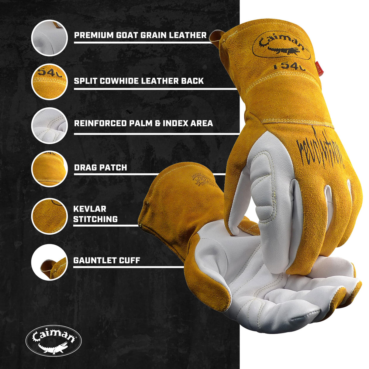 Caiman Premium Goat Grain TIG/Multi-Task Welding Gloves, Split Cowhide Back, 4-Inch Extended Cuff, White/Gold, Large (1540-5) Caiman