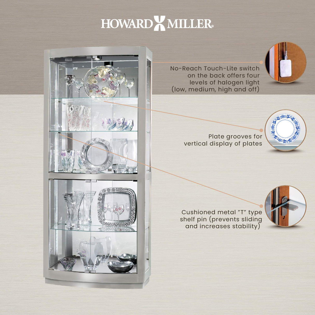 Howard Miller Bradington II Curio Cabinet II, Illuminate Storage Cabinets - Metal Pad Lock with Halogen Lights - Silver Finishing Best for Decorative Items, Living Room, Office & Home Decor Howard Miller