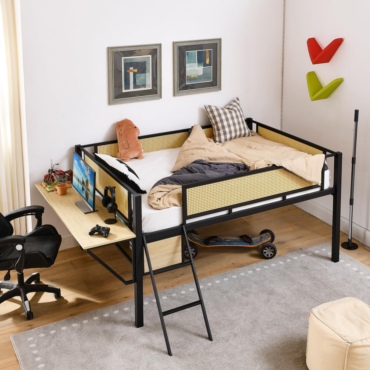 Bellemave Full Loft Bed with Desk, Gaming mid loft Bed with Desk, LED, Low loft beds for Adults, Teens, Kids, Black+Natural Bellemave