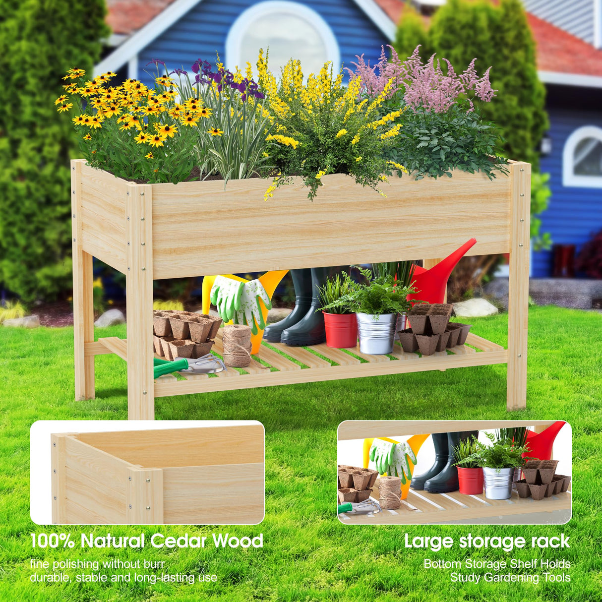 Highpro Wooden Raised Garden Bed with Legs, 48x24x30in Elevated Planter Box Stand Outdoor with Large Storage Shelf and Bed Liner for Backyard, Patio, Natural Cedar Wood Highpro