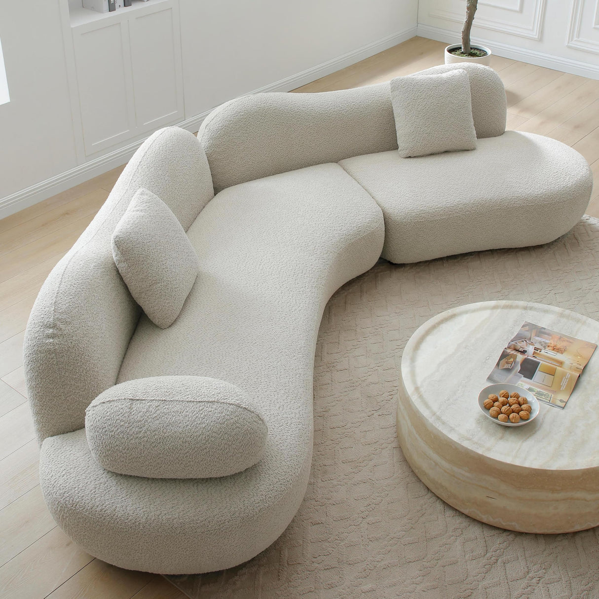 BBTJOINT Curved Modular Sectional Sofa for Living Room,Minimalist Style,V-Shape Cloud-Like Design,Contemporary Boucle Fabric Upholstery,Deep Seat Off-White Couch BBTJOINT