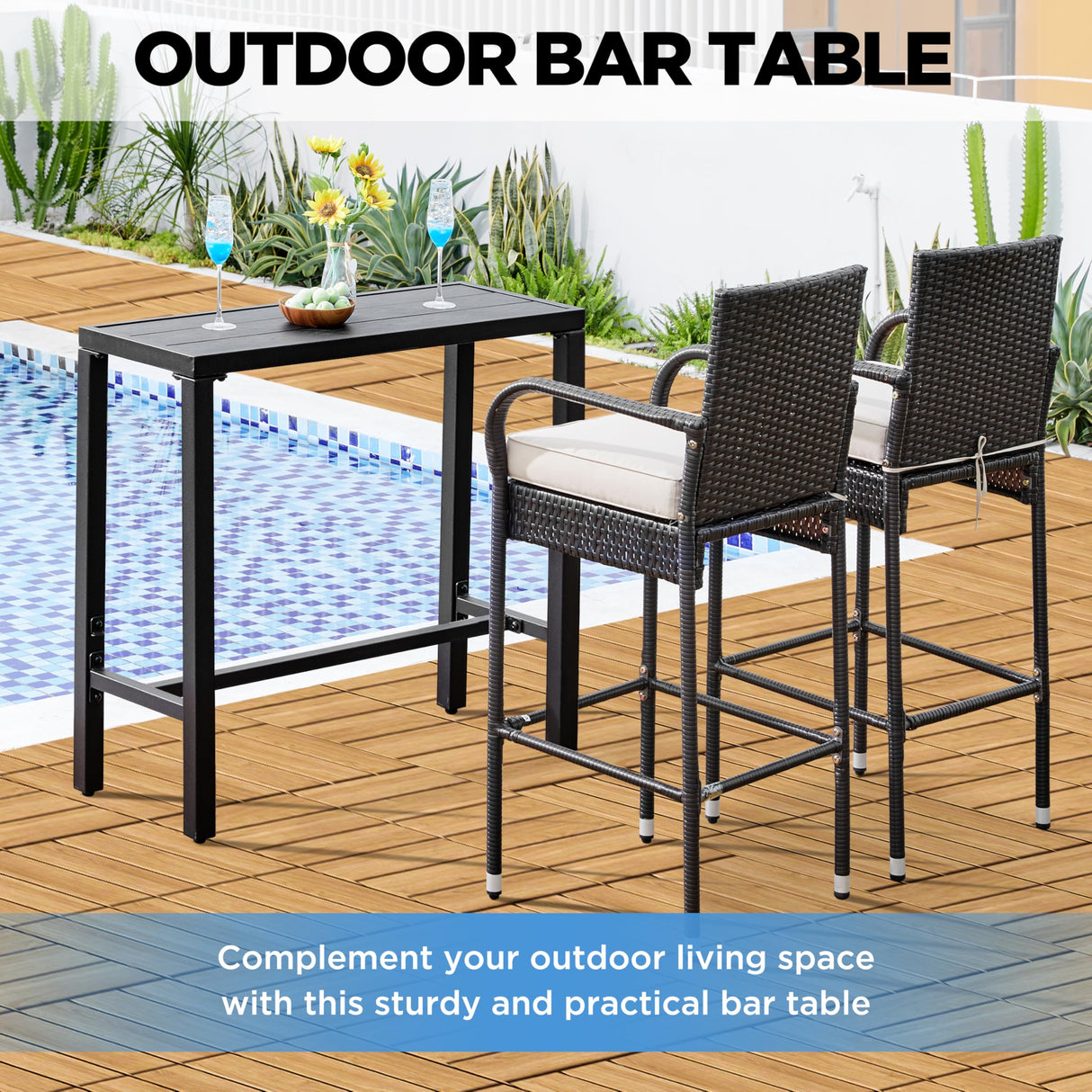 Yaheetech Outdoor Bar Table, 39'' Square Bar Height Dining Table with Weather Resistant Waterproof Top, Outdoor Furniture for Hot Tub, Garden, Patio, Pool Deck, Lawn, Poolside Black Yaheetech
