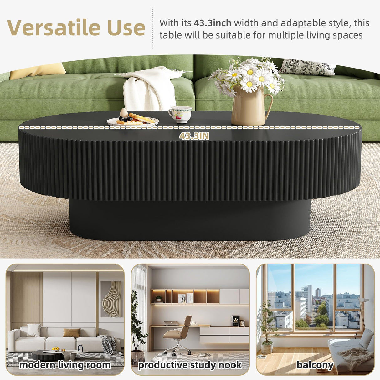 Merax Modern Oval Coffee Table with Sturdy Base, Wood Minimalist Fluted Center Tables for Living Room Reception Room, Easy Assemble,Black Merax