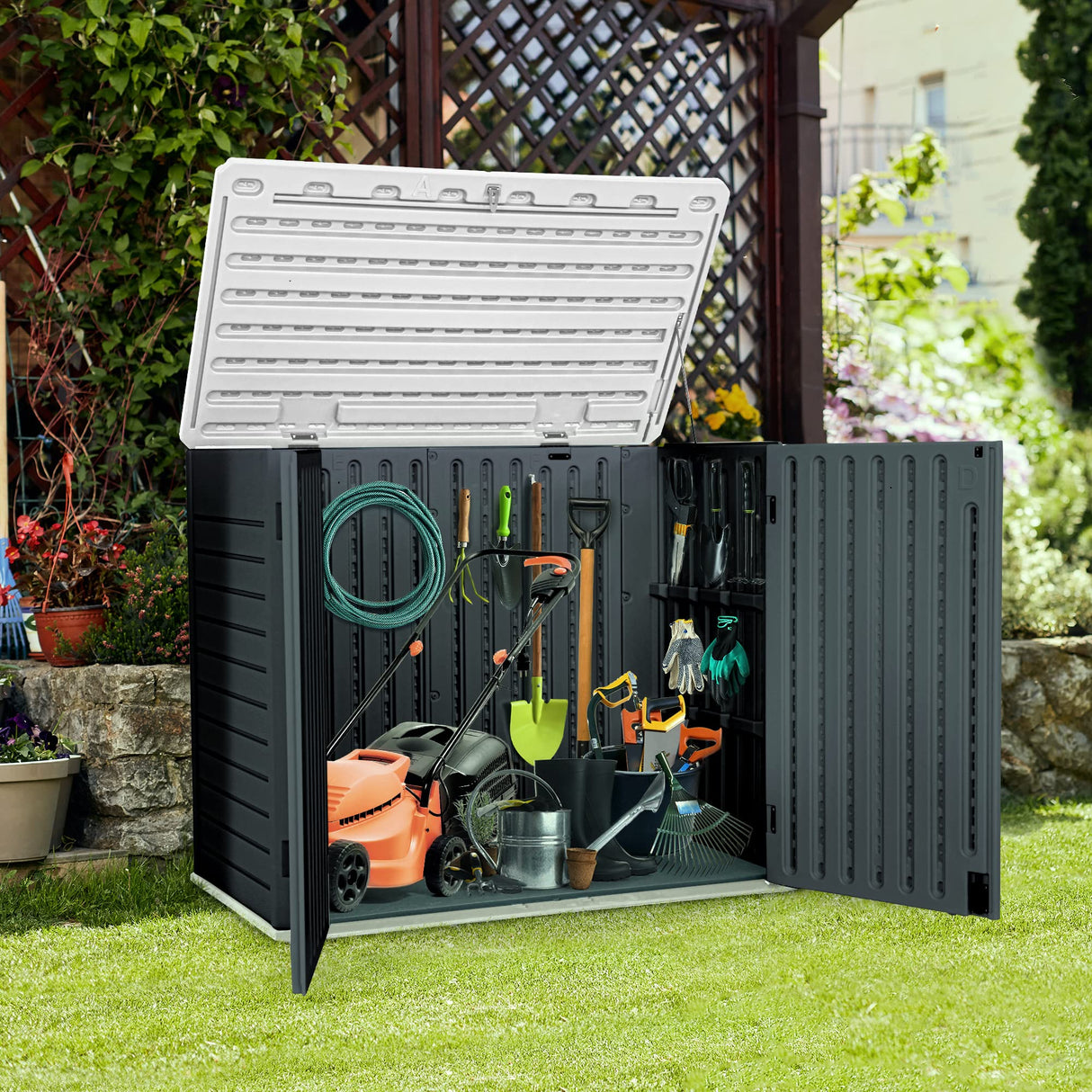 YITAHOME Outdoor Horizontal Storage Sheds w/o Shelf, Weather Resistant Resin Tool Shed, Multi-Opening Door for Storage of Bike, Trash Cans, Garden Tools, 35 cu ft, Waterproof, Lockable, Dark Gray YITAHOME