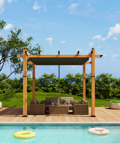 GarveeLife 10 x 10 Ft Wood-Grain Aluminum Pergola Outdoor Pergola with Retractable Canopy Sun Shade Shelter for Garden, Patio, Backyard, Deck - Gray
