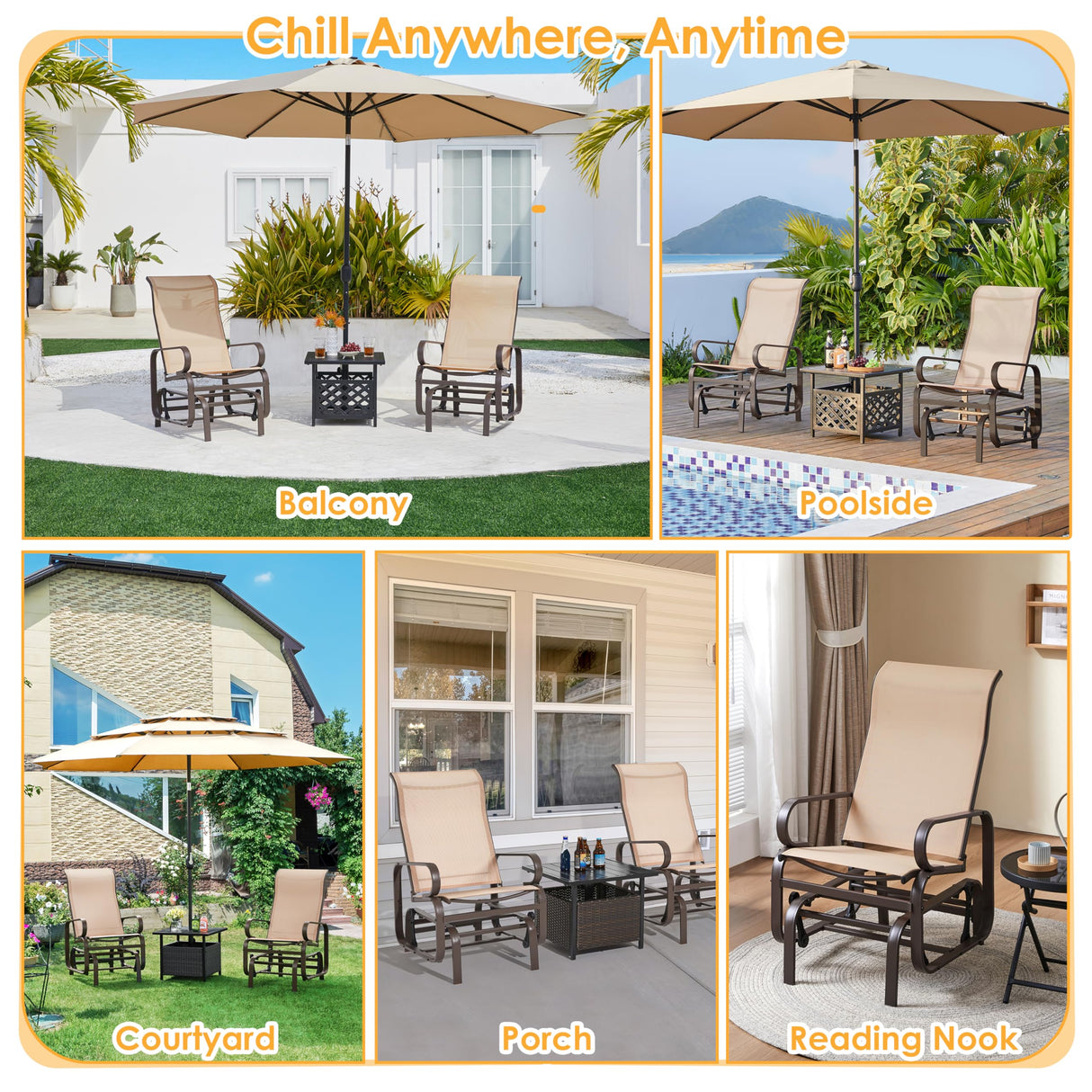 Yaheetech Outdoor Glider Chair, Lounge Rocking Chair with Sling Fabric and Steel Construction, Patio Swing Gliding Chairs for Porch Balcony Backyard, Beige, Set of 2 Yaheetech