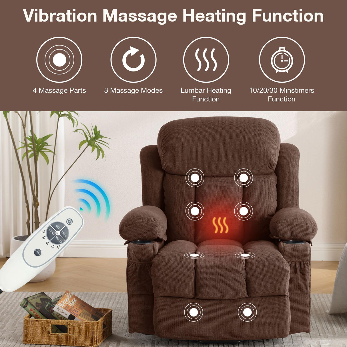 BOSMILLER Power Lift Recliner Chair with Heat and Massage Electric Fabric Recliner Chair for Elderly with Side Pocket, USB Charge Port, Remote Control for Living Room (Deep Brown) BOSMILLER