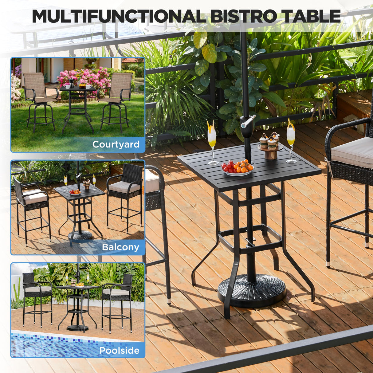 Yaheetech Outdoor Height Bar Table, Square Patio Bistro Table with Umbrella Hole and Slatted Metal Tabletop, Outside Furniture for Garden Lawn Poolside, Black Yaheetech