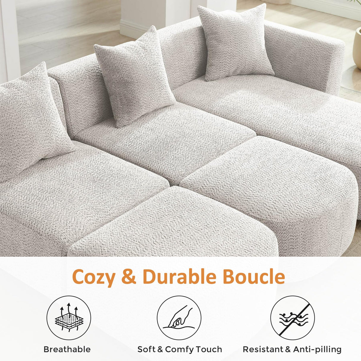 VANOMi 109.84" Modular Sectional Sofa with 3 Pillows, Convertible 5-Seater Comfy Boucle Cloud Couch with Ottoman, Modern Sectional Sofas for Living Room, Office, Apartment (Camel) VANOMi