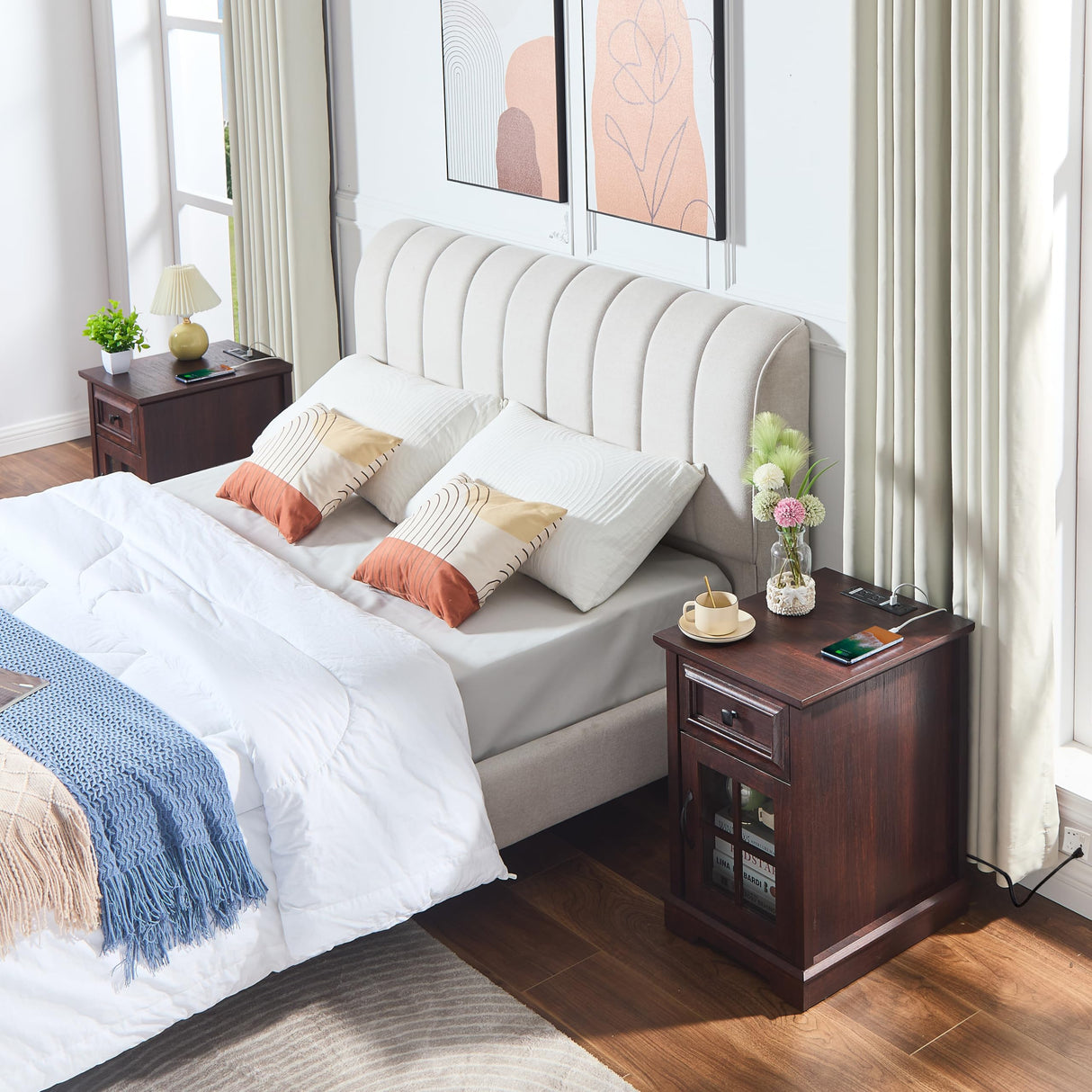 KHLJJU Farmhouse XXL End Table with Charging Station, Side Table with USB Ports and Outlets, Nightstand with Drawer and Glass Door Storage, Cherry Bedside Tables for Living Room, Bedroom, Office KHLJJU